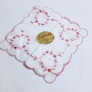 Vtg Pink Floral Embroidered Handkerchief Cottagecore Lovely Hankie Switzerland